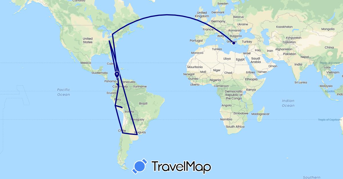 TravelMap itinerary: driving in Argentina, Canada, Chile, Colombia, Greece, Peru, United States (Europe, North America, South America)